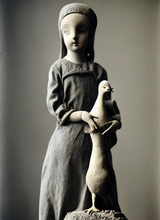 Image similar to realistic photo of a a girl with a pigeons, ancient sculpture doll made of white clay and black brushwood, greyscale grain 1 9 6 0, life magazine photo, natural colors, metropolitan museum, kodak