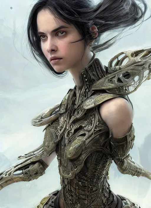 Image similar to a professional portrait of a beautiful young female, clothed in ethereal battle armor, olive skin, long dark hair, beautiful bone structure, symmetrical facial features, intricate, elegant, digital painting, concept art, smooth, sharp focus, finely detailed, illustration, from Valerian and the City of a Thousand Planets, in the style of Ruan Jia and Mandy Jurgens and Artgerm and Greg Rutkowski and William-Adolphe Bouguerea