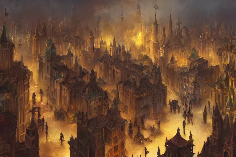 Image similar to an intricate colorful matte painting of An epic stronghold crusader screenshot of bustling city street with protesting crowd chasing the king, highly detailed iridescent dimly lit exterior with shafts of iridescent light bouncing off magical realms, by Christophe Vacher and Bastien Lecouffe-Deharme, trending on artstation