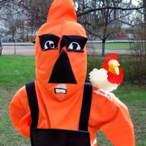 Image similar to chicken dressed as an inmate