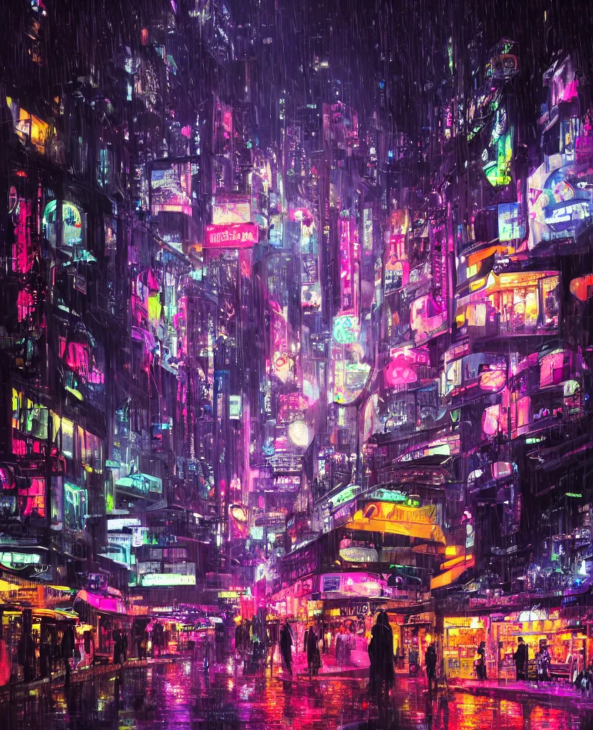 Image similar to cluttered futuristic city at night, night clubs and neons, rain, girl under lantern, by Sean Foley