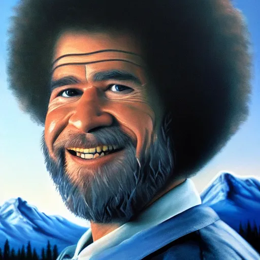 Prompt: a closeup photorealistic photograph of bob ross working on a canvas painting of the flash. film still. brightly lit scene. mountains and trees. this 4 k hd image is trending on artstation, featured on behance, well - rendered, extra crisp, features intricate detail, epic composition and the style of unreal engine.