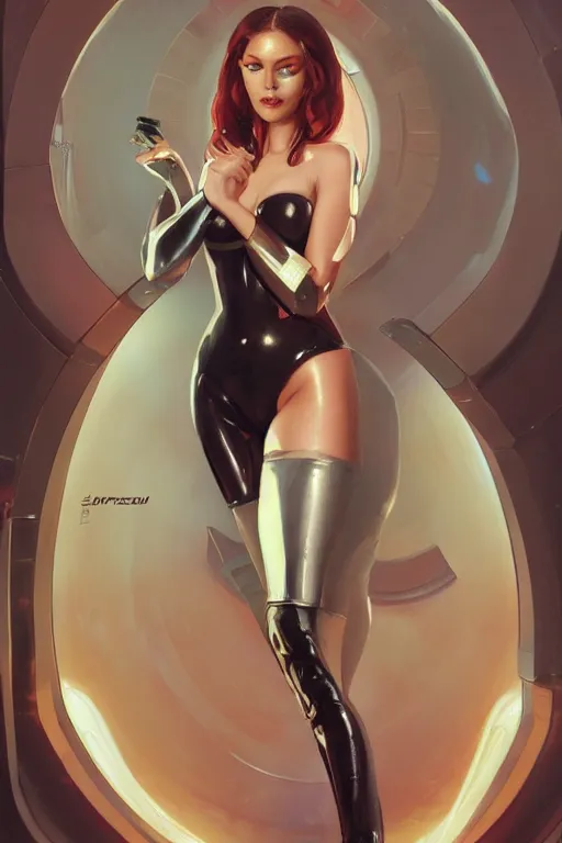 Image similar to Portrait of seductive but dangerous woman wearing a tight leather suit walking down a spaceship corridor with a flamethrower, sci-fi, detailed, oil painting, artstation, pixiv, Krenz Cushart, WLOP, Artgerm, Alphonse Mucha