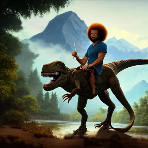 Image similar to bob ross!!! riding!!! a dinosaur!!, giant afro!, model pose, ultra realistic, concept art, intricate details, highly detailed, photorealistic, octane render, 8 k, unreal engine. art by artgerm and greg rutkowski and alphonse mucha