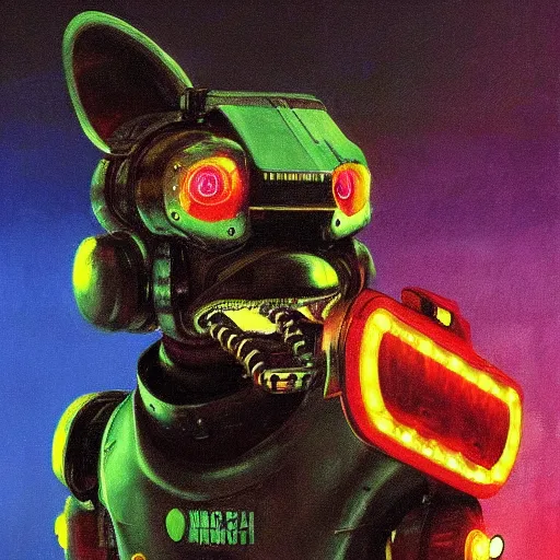 Image similar to a dark and colorful close - up of a sci - fi mecha dog robot with led lights glowing fog in the background. highly detailed science fiction painting by norman rockwell, frank frazetta, and syd mead. rich colors, high contrast, gloomy atmosphere, dark background. trending on artstation