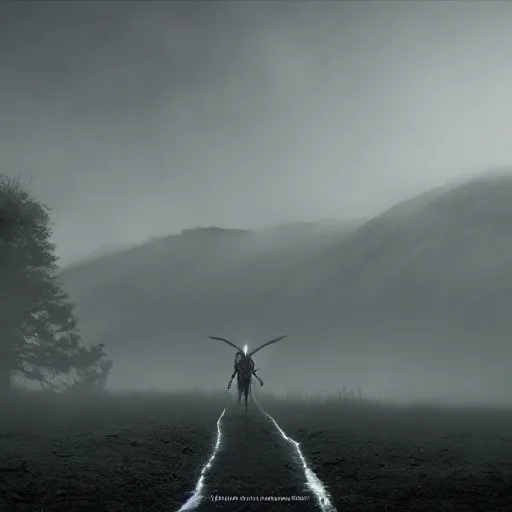 Image similar to a giant skeleton walks the earth, dark landscape, fog, matte painting