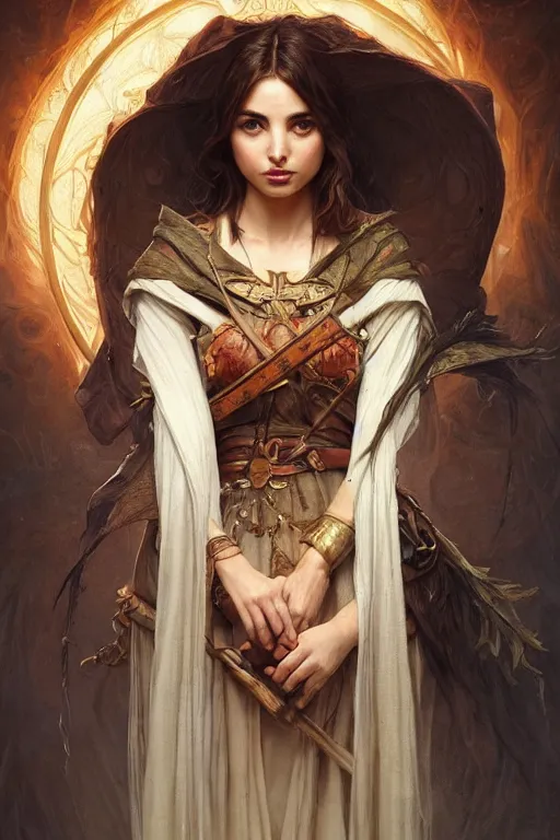 Image similar to Ana de Armas, druid, cleric, flame spell, D&D, fantasy, intricate, cinematic lighting, highly detailed, beautiful, digital painting, artstation, masterpiece, concept art, smooth, sharp focus, illustration, art by Artgerm and Greg Rutkowski and Alphonse Mucha and william-Adolphe Bouguereau