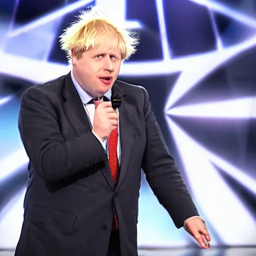 Prompt: boris johnson singing with a microphone on americas got talent, tomatoes and anchors being thrown at him, 4 k photograph