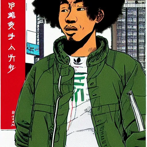 Image similar to illustration by katsuhiro otomo, black man with afro hair, stubble, wearing an adidas army green jacket, in the streets of tokyo, akira style, by katsuhiro otomo