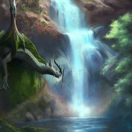 Image similar to slender dragon relaxing by a waterfall, digital painting, artstation, art by Jaime Jones