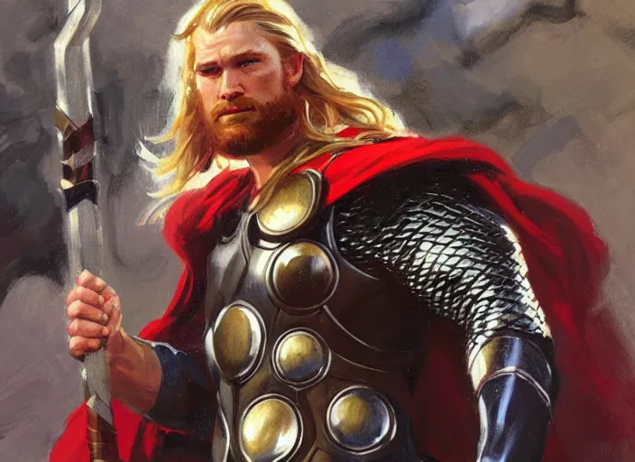 Image similar to a highly detailed beautiful portrait of thor, by gregory manchess, james gurney, james jean