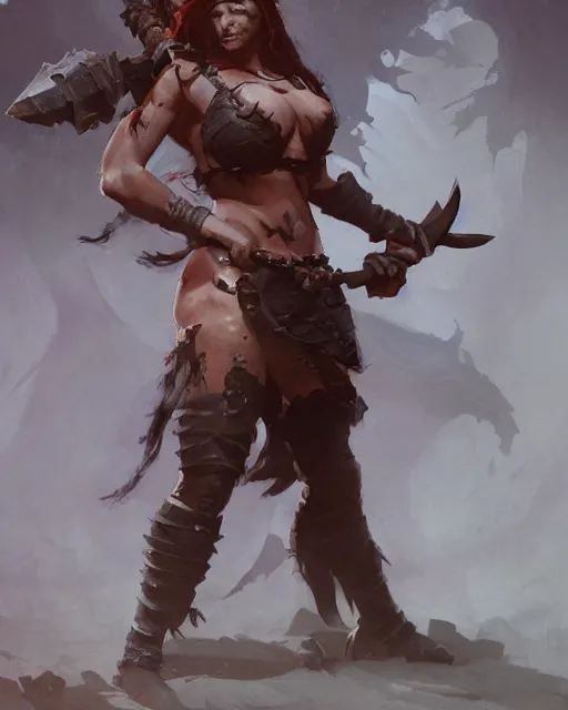 Prompt: barbarian warrior girl, full body, cinematic, artstation, cgsociety, greg rutkowski, james gurney, mignola, craig mullins, brom