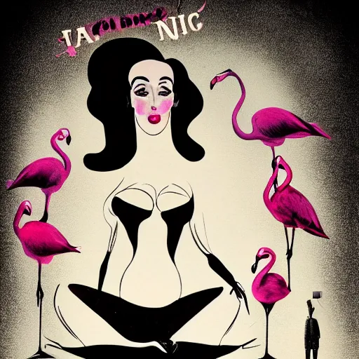 Prompt: A surreal comic noir illustration containing Dita Von Teese and Flamingos on a desert beach oasis by Salvador Dali, dark vibes, high contrast, pastel lighting, cinematic, depth of field, 8k