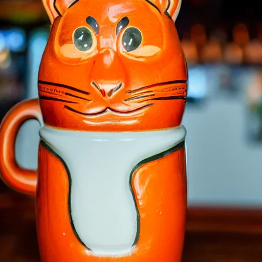 Image similar to a closeup photorealistic photograph of a glossy orange cat garfield style tiki mug sitting at a trader vic's bar featuring garfield's face. tiki party. bright scene. fine detail. this 4 k hd image is trending on artstation, featured on behance, well - rendered, extra crisp, features intricate detail, epic composition and the style of unreal engine.