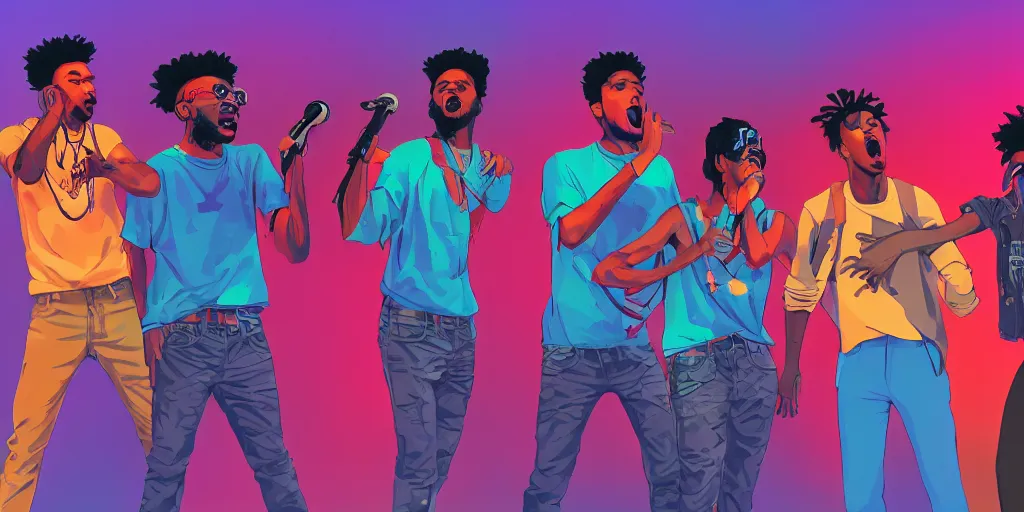 Image similar to four friends rapping with microphone in living room, caucasian, black, indian, Hispanic, women, men, epic poses, distinct figures, digital art, vaporwave, psychedelic, surreal, hip hop, trending on Artstation, professional artist, detailed, 4k