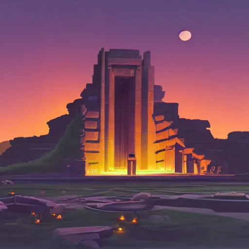 Image similar to a syd mead and ralph maquarrie style matte painting of an ancient indian temple ruins with candles lit inside, on top of a tropical hill, night