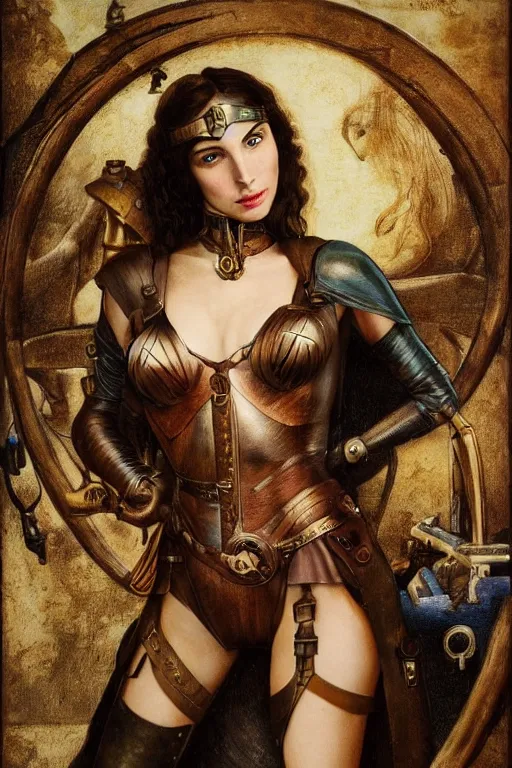 Image similar to highly detailed steampunk gal gadot, hieronymus bosch, leonardo da vinci