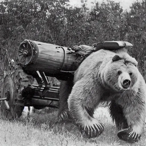 Prompt: a picture of a enormous bear pulling a towed antitank canon behind his back like a chariot, eastern front, historical picture