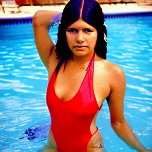 Image similar to clear photo of a beautiful and young female singer of native american descent in a pool with a red swimsuit taken in 1 9 7 6, high quality, highly detailed 7 0 s style photography, long dark hair, elegant pool, trending on pinterest, aesthetically beautiful, elegant