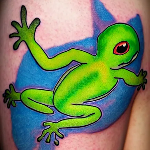 Prompt: cartoon tattoo of cute light green gecko on shoulder with light shading in the background