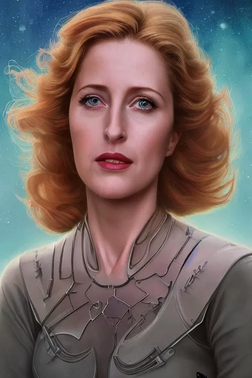 Prompt: young Gillian Anderson as a ruggedly beautiful retro SCI-FI heroine 1985 , intricate, elegant, highly detailed, centered, digital painting, artstation, concept art, smooth, sharp focus, illustration, art by artgerm and donato giancola and Joseph Christian Leyendecker, Ross Tran, WLOP