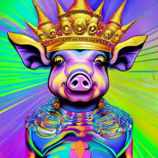 Prompt: lisa frank superhero pose pig wearing a gold crown holding 3d rectangles painting by android jones