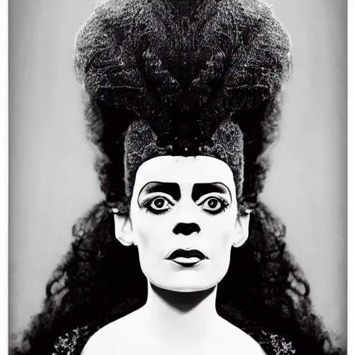Image similar to symmetrical human portrait of bride of frankenstein as marge simpson, grainy high contrast black and white photography photo print ilford warm tone