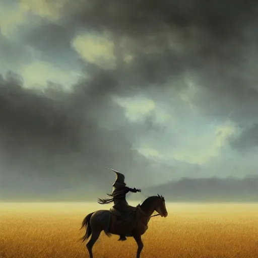 Image similar to cinematic shot epic portrait an hooded man riding a horse in middle of wheat fields, sunny, cloudy, broad light, ambient occlusion, volumetric light effect, made by ivan aivazovsky, peter mohrbacher, greg rutkowski, matte painting, trending on artstation, 4 k, perfectly defined features, digital painting, cinematic, epic, highly detailed,