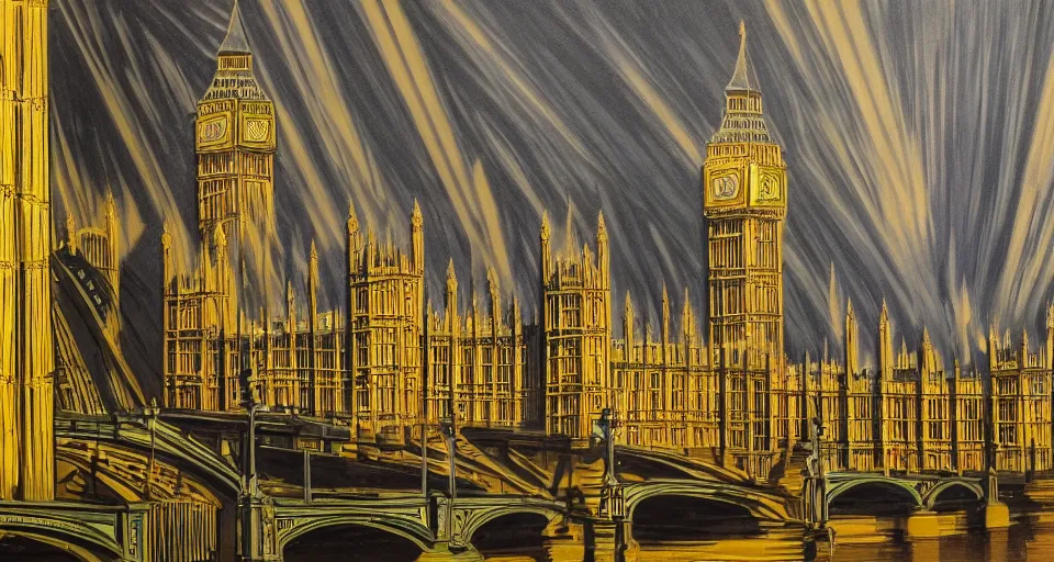 Image similar to london houses of parliament, highly detailed, dramatic lighting, intense shadows, rich deep colours, by roy lichtenstein