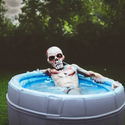 Image similar to grim reaper inside a kiddie pool, very detailed, very realistic, photograph, 5 0 mm, canon, nikon, zeiss lens, editorial, perfect composition, perfect lighting, 4 k