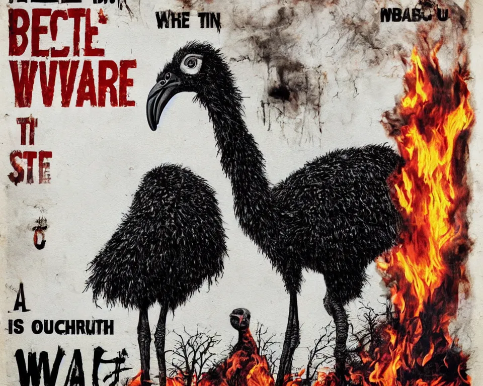 Image similar to a horror movie poster with an ostrich and a burning house with the words beware of the ostrich