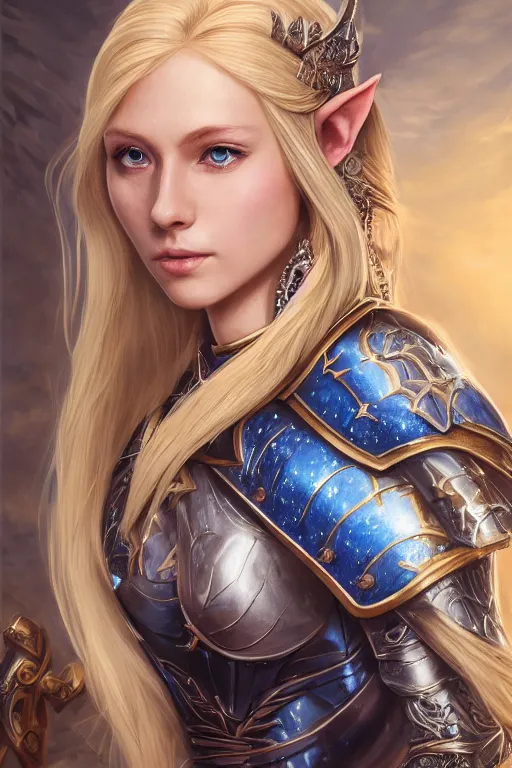 Prompt: highly detailed full body portrait painting of a proud young female elven knight in the style of Warhammer Fantasy by Artgerm and Arian Mark, medium length blonde hair, blue eyes, sapphire earrings, no helmet, low angle shot, highly detailed, trending on artstation, cgsociety, 4k, 8k, HDR, octane render, unreal engine