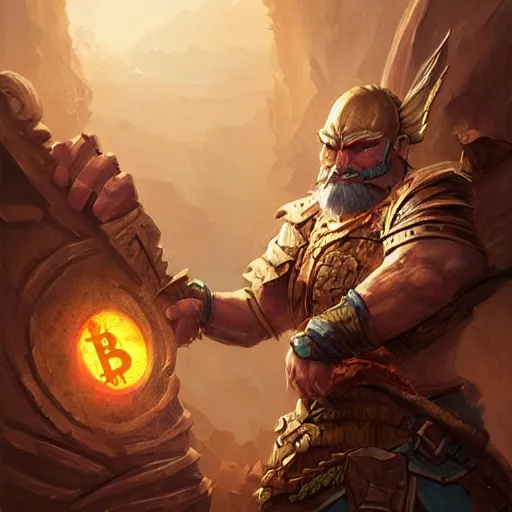 Image similar to bitcoin face warrior, epic fantasy digital art by greg rutkowski, epic fantasy hearthstone art