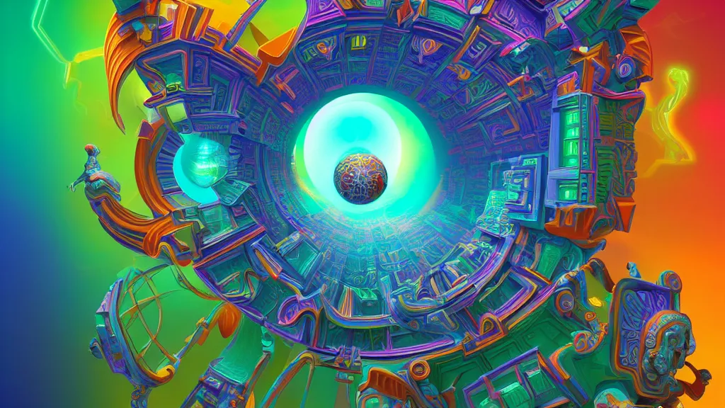 Prompt: a hyperdetailed painting vibrant vectors forming impossible interdimensional shapes that transcend space and time, ambient occlusion, 3 d model, quantum fractals, magic realism inspired by psychadelia and ancient aztec architecture, trending on artstation,