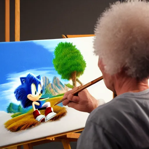 Image similar to a closeup photorealistic photograph of bob ross working on a canvas painting sonic the hedgehog. film still. brightly lit scene. mountain scape. this 4 k hd image is trending on artstation, featured on behance, well - rendered, extra crisp, features intricate detail, epic composition and the style of unreal engine.