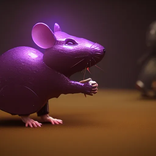 Image similar to armored mouse warrior reaching for a purple crystal, trending on Artstation, octane render, 8k, UHD
