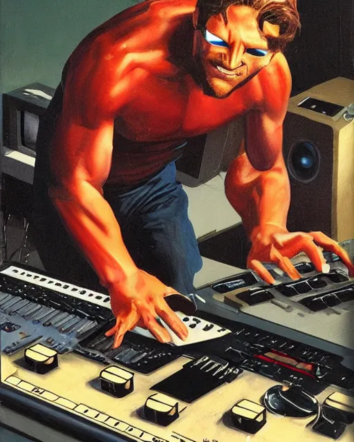 Image similar to cyclops (from x-men) playing an Akai MPC 2000XL, by Toni Toscani, oil on canvas