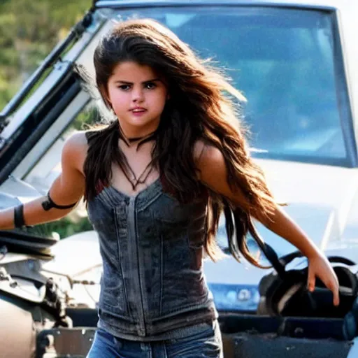 Image similar to High quality movie still of Selena Gomez as Mikaela in Michael Bay's Transformers