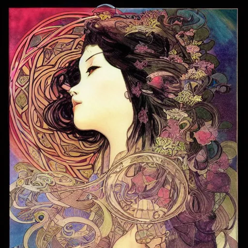 Image similar to a beautiful illustration of a black cube projecting on its surface the birth of a black hole, style of yoshitaka amano and alfons mucha