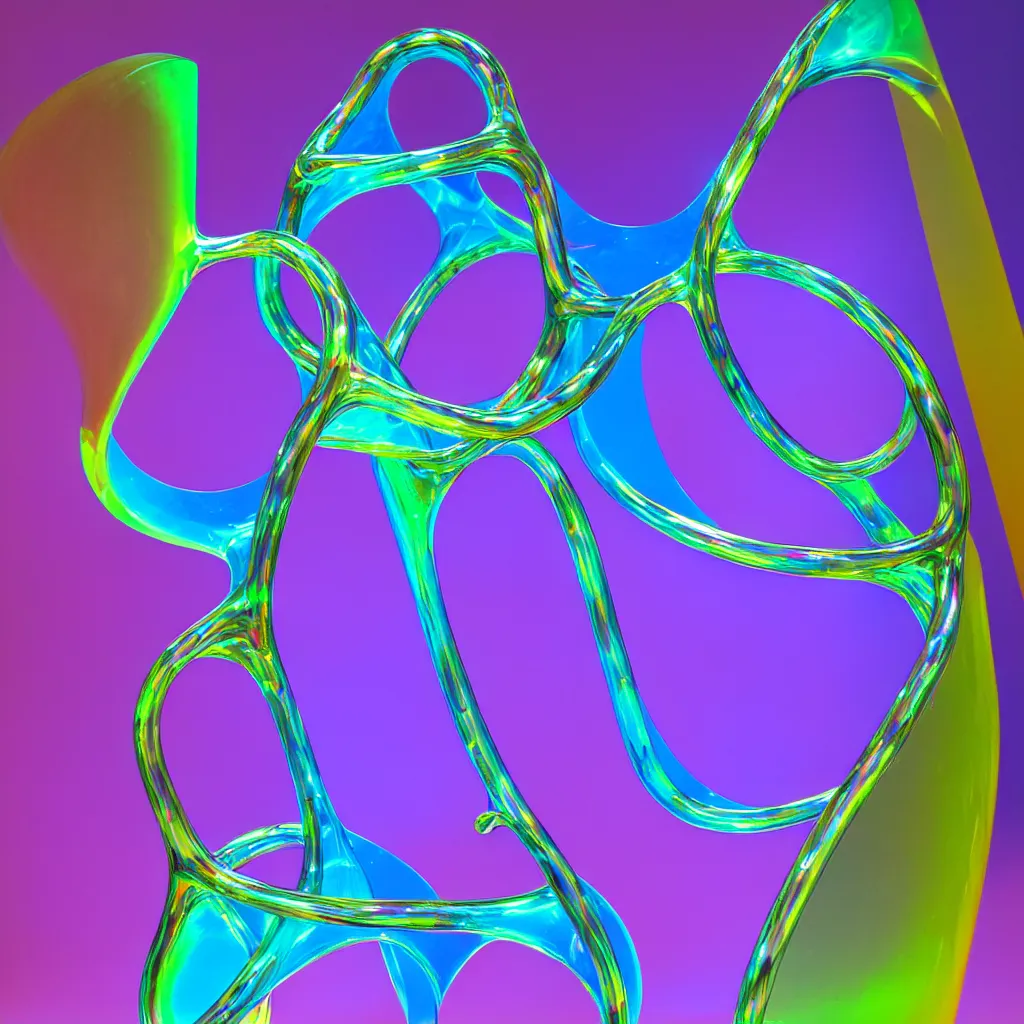 Prompt: unfinished klein bottle sculptural, chroma iridescence, colors, glassy, reflective and refractive, soap bubbles floating, creating digital baroque architecture