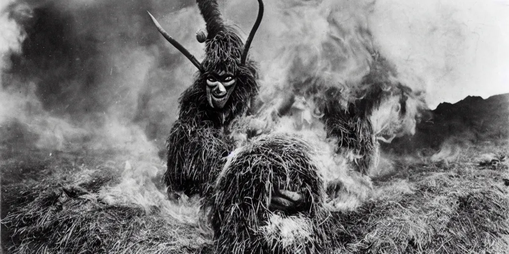 Image similar to 1 9 2 0 s photography of krampus hay monster burning, dolomites