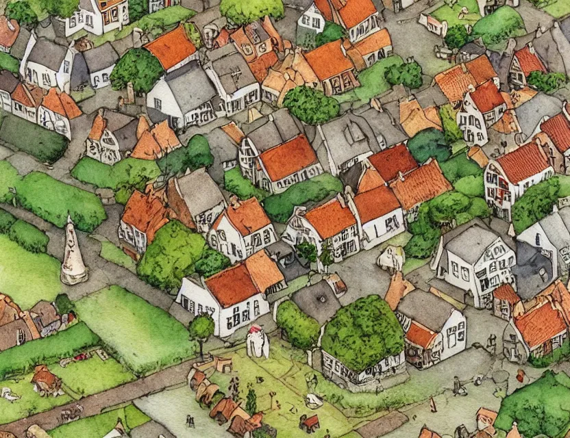 Image similar to a typical dutch village, isometric aerial view, whimsical watercolor illustration by anton pieck, very detailed, high resolution, ambient lighting