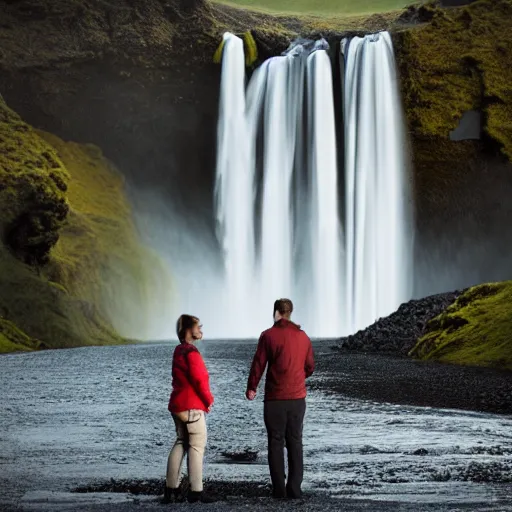 Image similar to a couple by icelandic waterfall Skógafoss, artstation, concept art, unreal engine, 8k, photorealistic