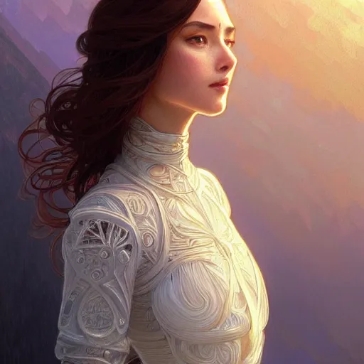 Image similar to long shot, woman posing, short wavy hair, round face, intricate white dress, cottagecore!!, inside water, intricate, enlightened, highly detailed, digital painting, artstation, concept art, smooth, sharp focus, illustration, art by artgerm and greg rutkowski and alphonse mucha