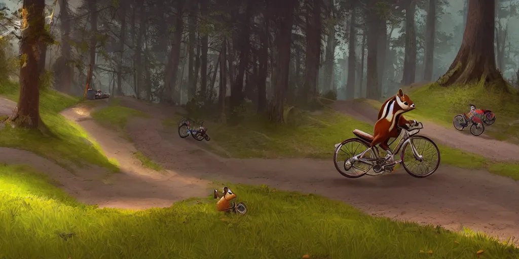 Image similar to A chipmunk riding a bike down a hill. Detailed digital matte painting in the style of simon stalenhag