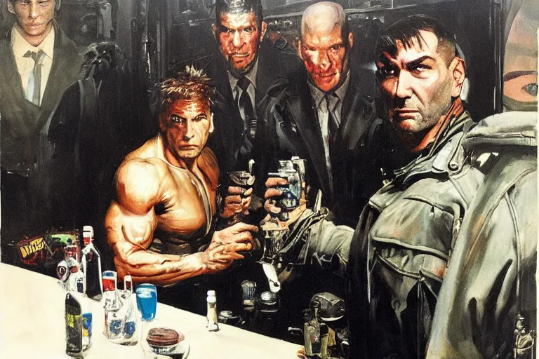 Image similar to dave bautista as replicant sapper morton is offered a drink at a party by dorian yates, painted by phil hale and rick berry and dean cornwell and norman rockwell and jeremy mann