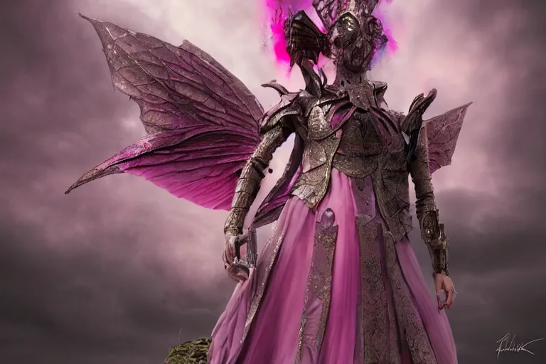 Prompt: pink iridescent battle armor on a fairy by eiko ishioka, 8K, detailed, HD, fairytale, dark tones, horror film, scary, matte painting, fantasy, full of colors, CGSociety, matte painting, realistic materials, photo-realistic, postprocessing, realistic, cinematic style, 35mm