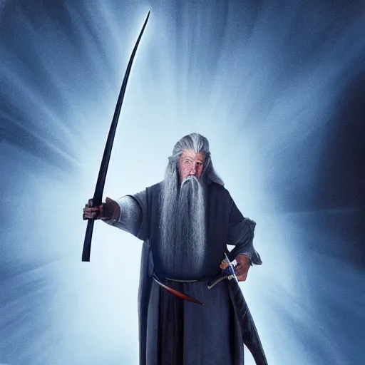 Prompt: Gandalf with an ak47, looking threatening, well lit, digital art, virtuosic painting, award winning, high quality, visual, sharp, backlit, gorgeous lighting