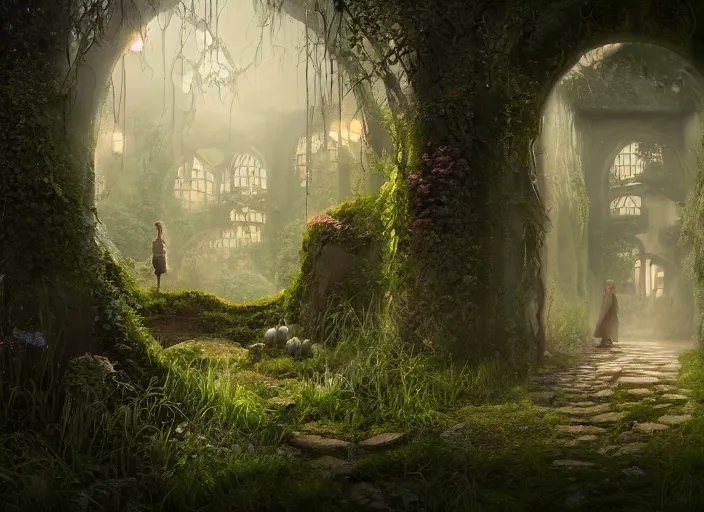 Prompt: secret garden, girl, pathway, spooky, dark, in the style of pan's labyrinth movie, concept art, unreal engine 5, matte painting, artstation, caspar friedrich, wlop