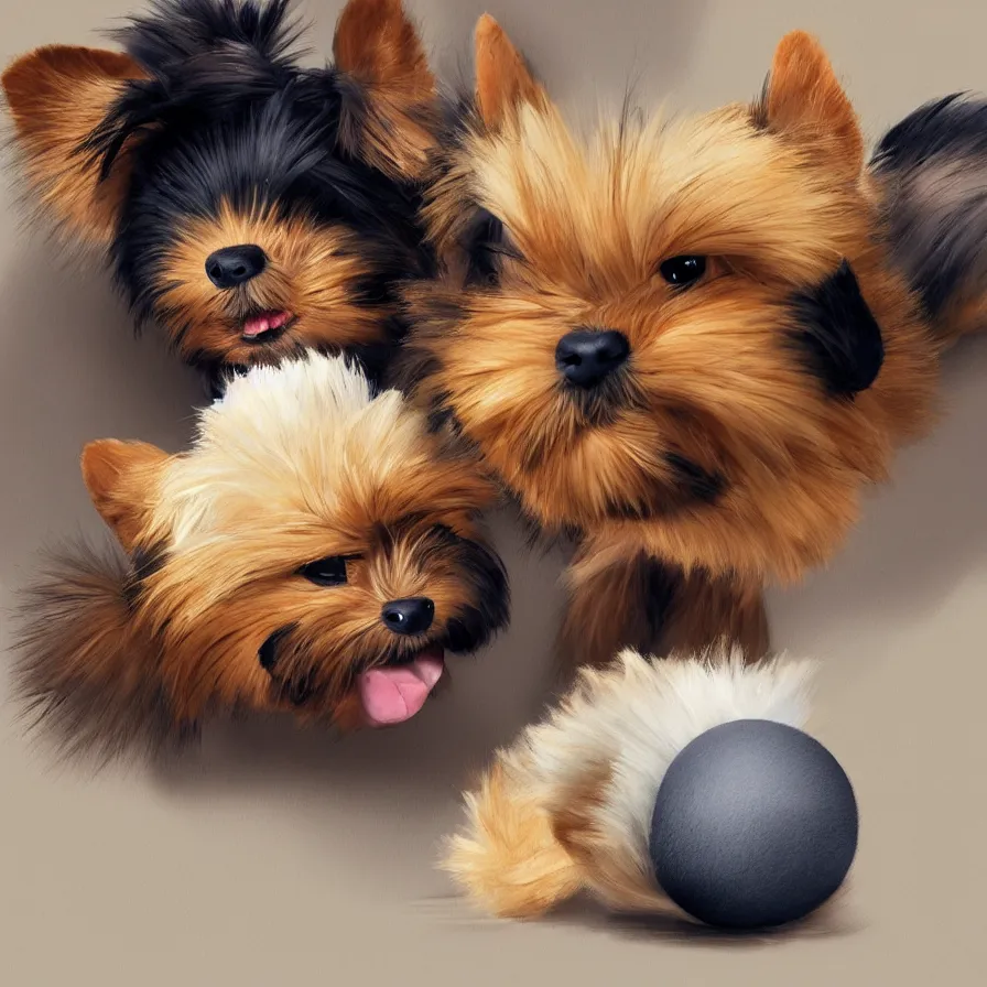 Image similar to Goro Fujita ilustration a very cute Yorkshire Terrier, with black and caramel fur, playing with a plush monkey toy, painting by Goro Fujita, sharp focus, highly detailed, ArtStation